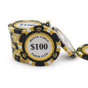 Monte Carlo 14 Gram Poker Chips - $100 Sold by the Roll 25 pcs per Roll, montecarlo100